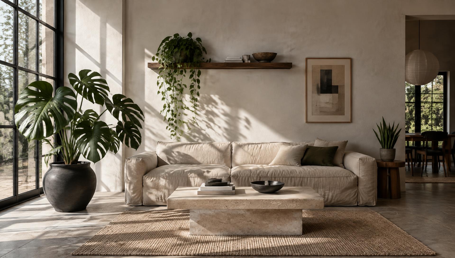 A calm living room with a tall monstera by the window, a trailing pothos on a shelf and a snake plant on a side table